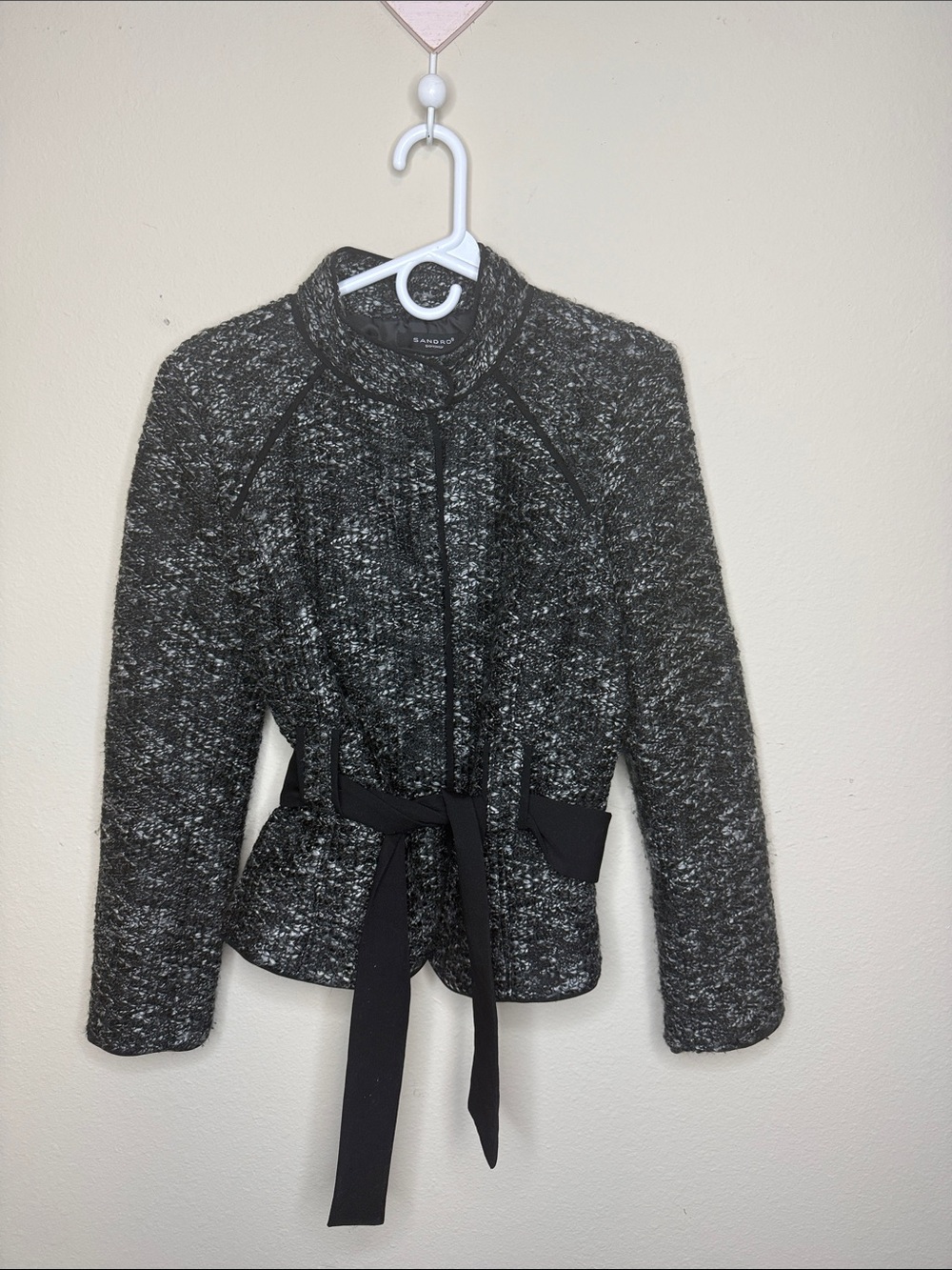 Sandro Black Marled Knit Belted Structured Blazer Jacket Size M Old Money